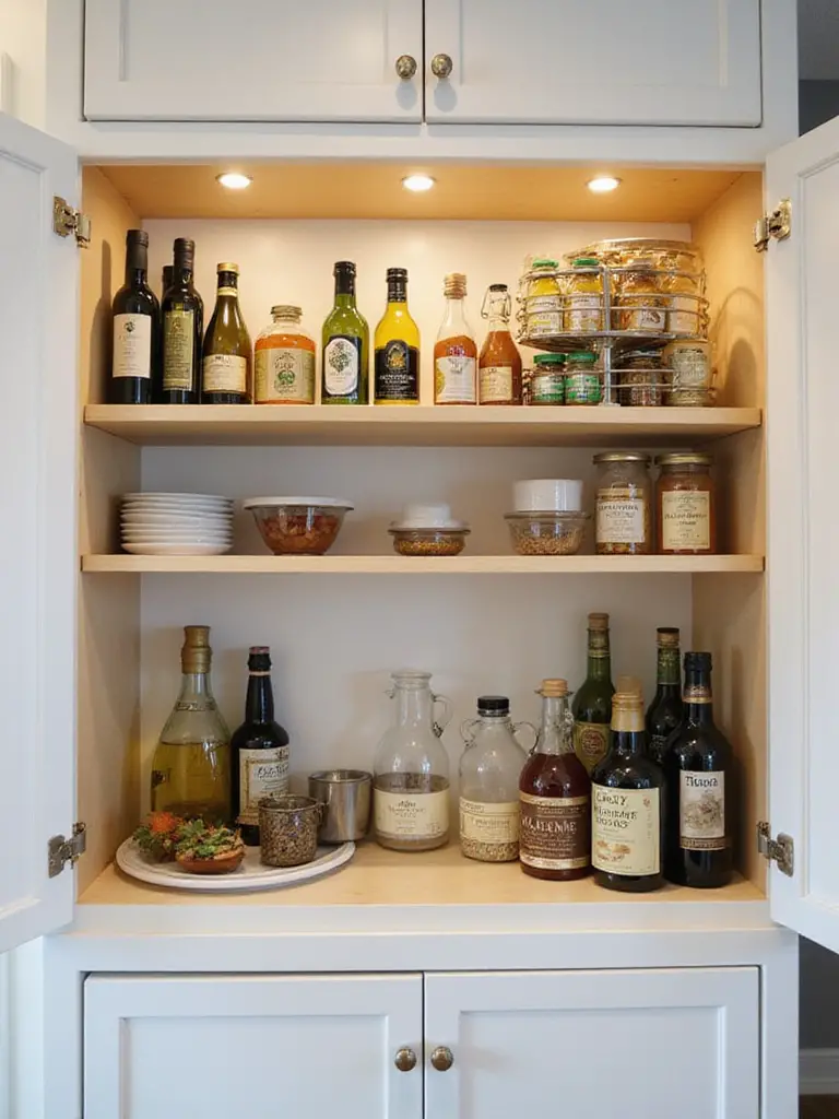 Organized kitchen cabinet shelf with various bottle organizers, including tiered racks and a lazy Susan, holding oils, vinegars, and sauces to maximize storage space.