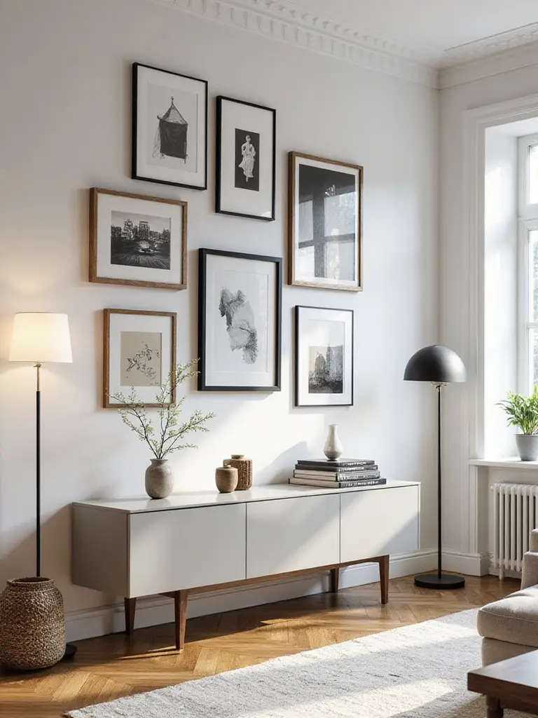 A stylish living room wall featuring a curated gallery wall display above a decorated console table. The gallery wall includes various framed artworks and photos.