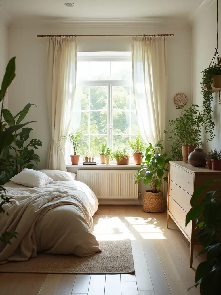 A cozy bedroom interior decorated with various indoor plants, including a large floor plant, small potted plants on a nightstand and dresser, and a trailing plant on a shelf. Soft natural light illuminates the room.
