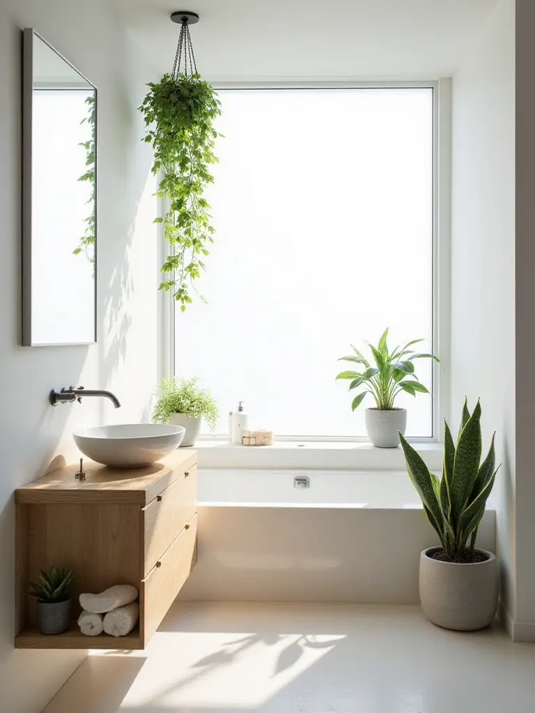 Modern bathroom with white sink, wood vanity, and bathtub, featuring lush indoor plants like a trailing Pothos, Snake Plant, and succulent, enhancing the decor with natural greenery.