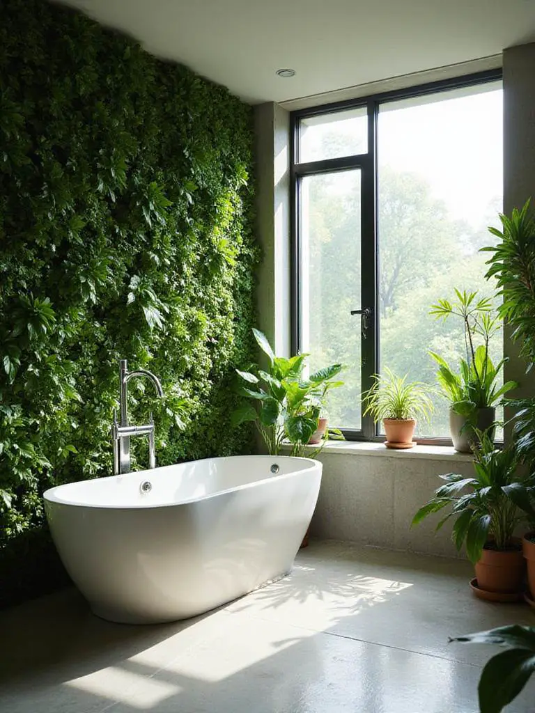 A modern spa-like bathroom featuring a full living wall and potted plants, creating a lush, nature-inspired oasis.
