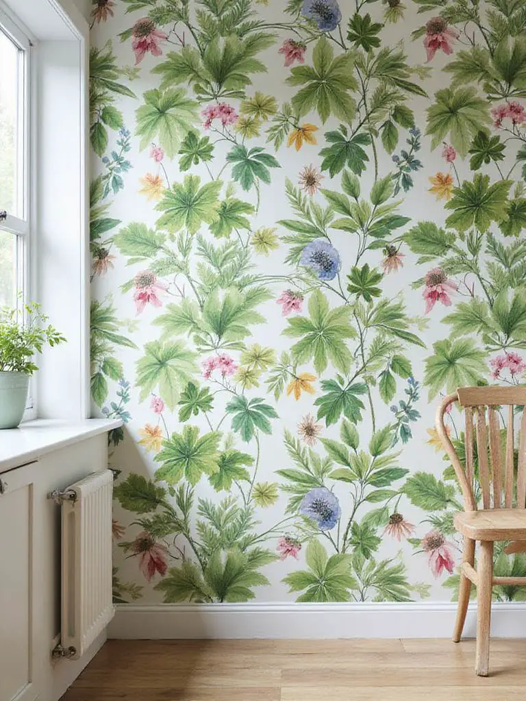 Kitchen wall with botanical wallpaper prints featuring leaves and flowers