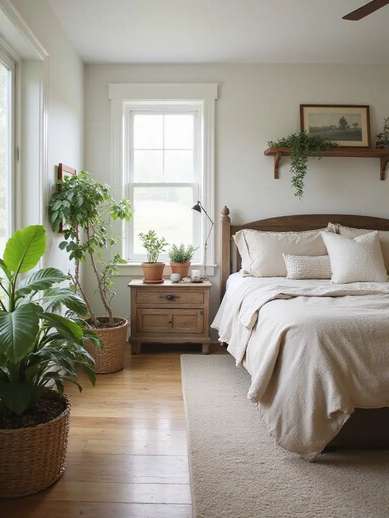 Cozy farmhouse bedroom with a bed, rustic furniture, and multiple potted plants adding greenery and freshness.