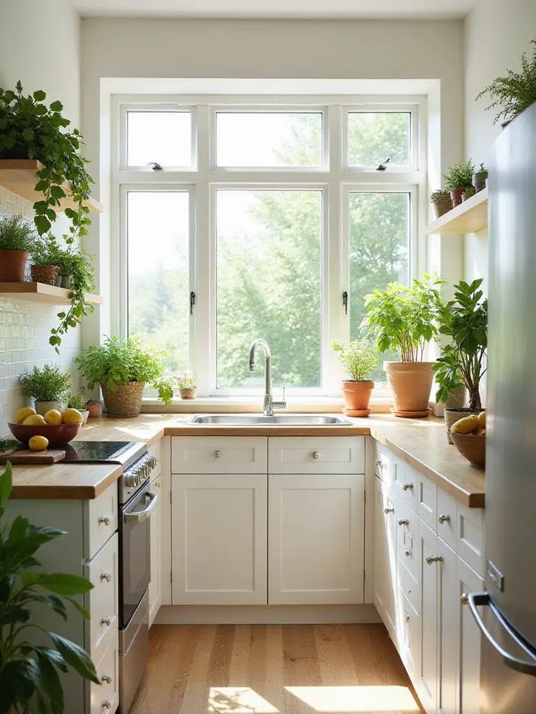 A bright, modern kitchen decorated with various plants, including herbs on the windowsill, a hanging plant, and potted plants on the counter and floor, adding vibrant greenery to the space.