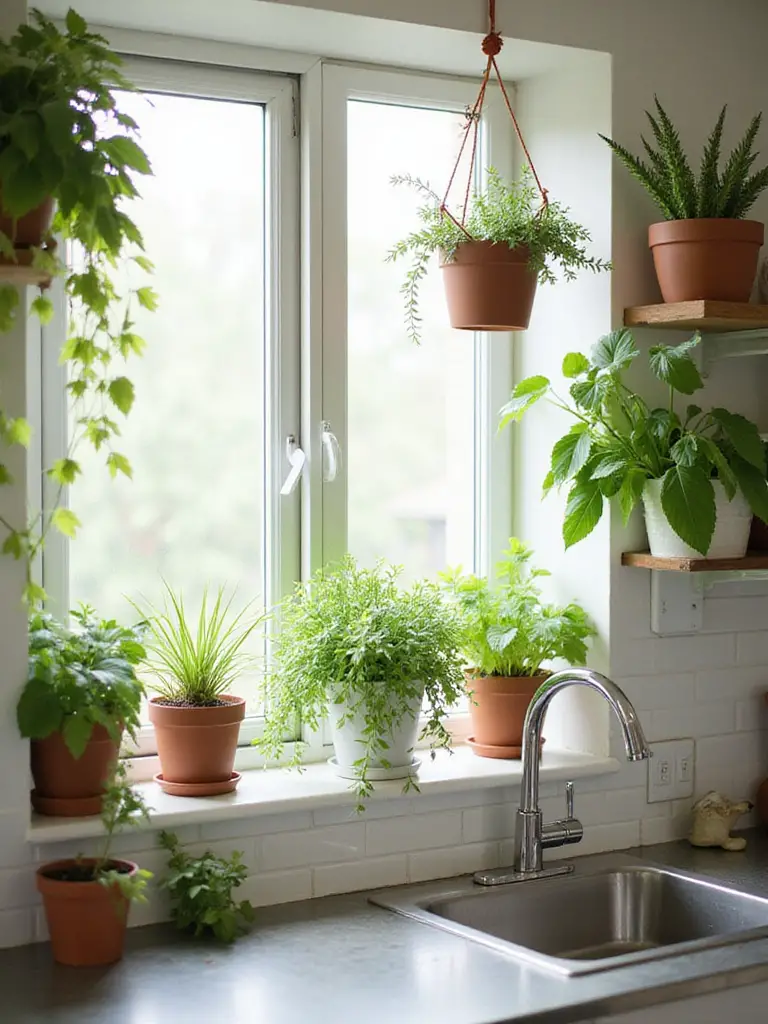 Small kitchen decorated with various potted plants and herbs placed on a windowsill, hanging from shelves, and on wall mounts to maximize space and add greenery.