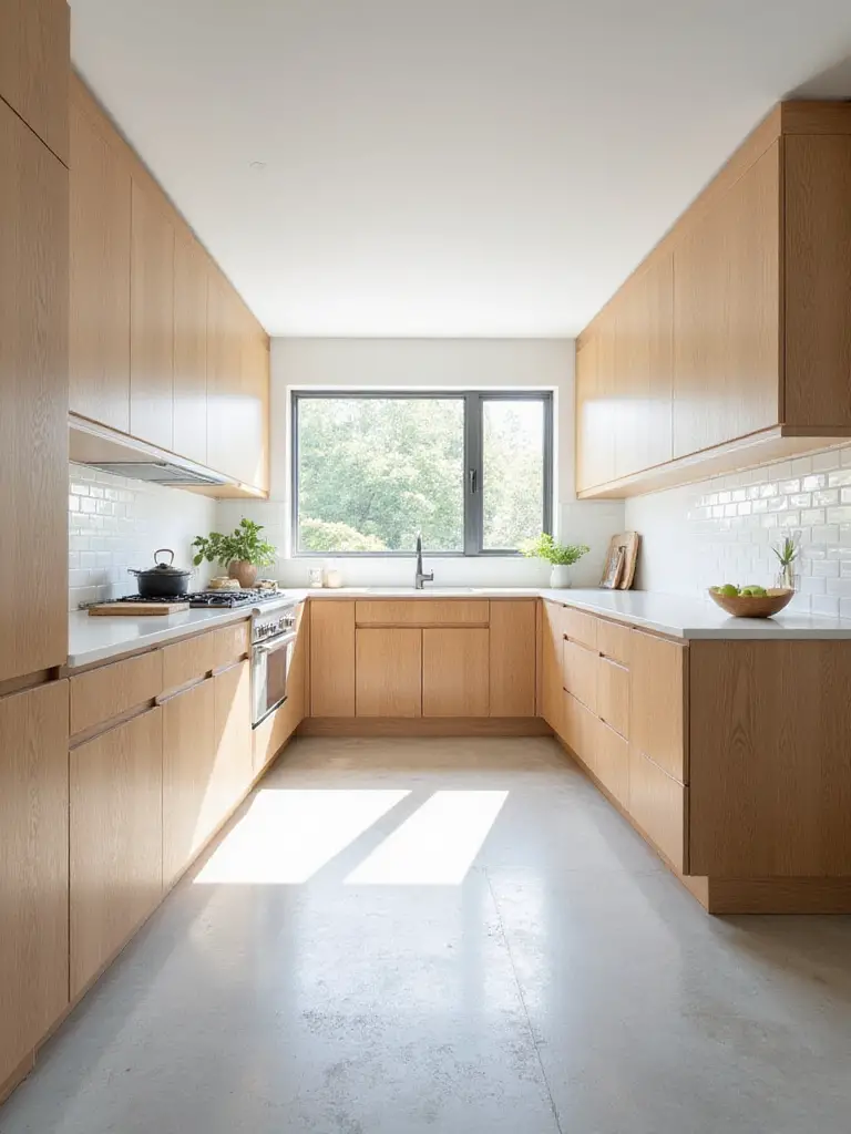 A modern kitchen featuring light oak flat-panel cabinets, white quartz countertops, and a white subway tile backsplash, illuminated by bright natural light.