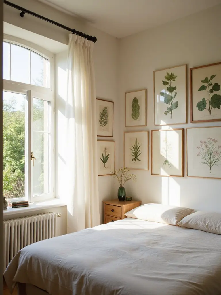 A bedroom wall decorated with a collection of framed botanical art prints in soft natural light.