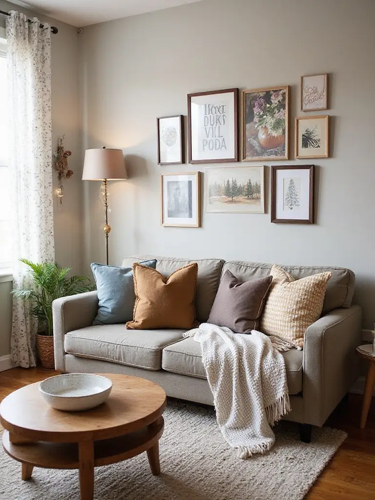 A stylish apartment living room showcasing budget-friendly decor hacks, including a gallery wall, layered textiles, and updated furniture.