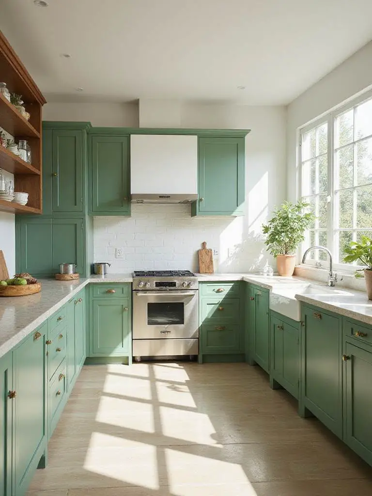 Bright kitchen featuring painted green cabinets and new green cabinets with natural light
