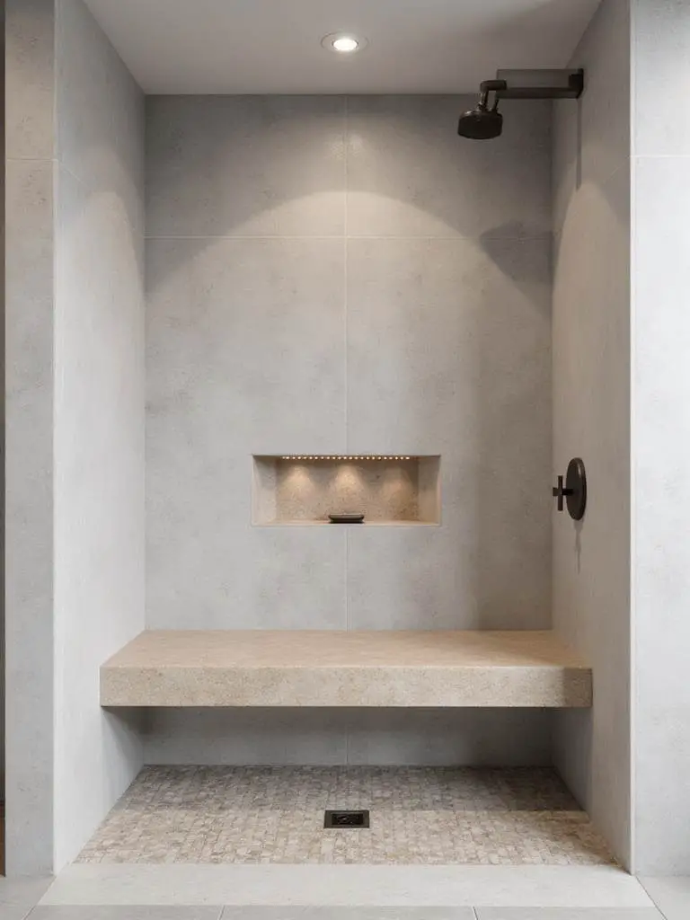 Luxurious walk-in shower with a built-in natural stone bench, large format grey tile walls, and mosaic floor.