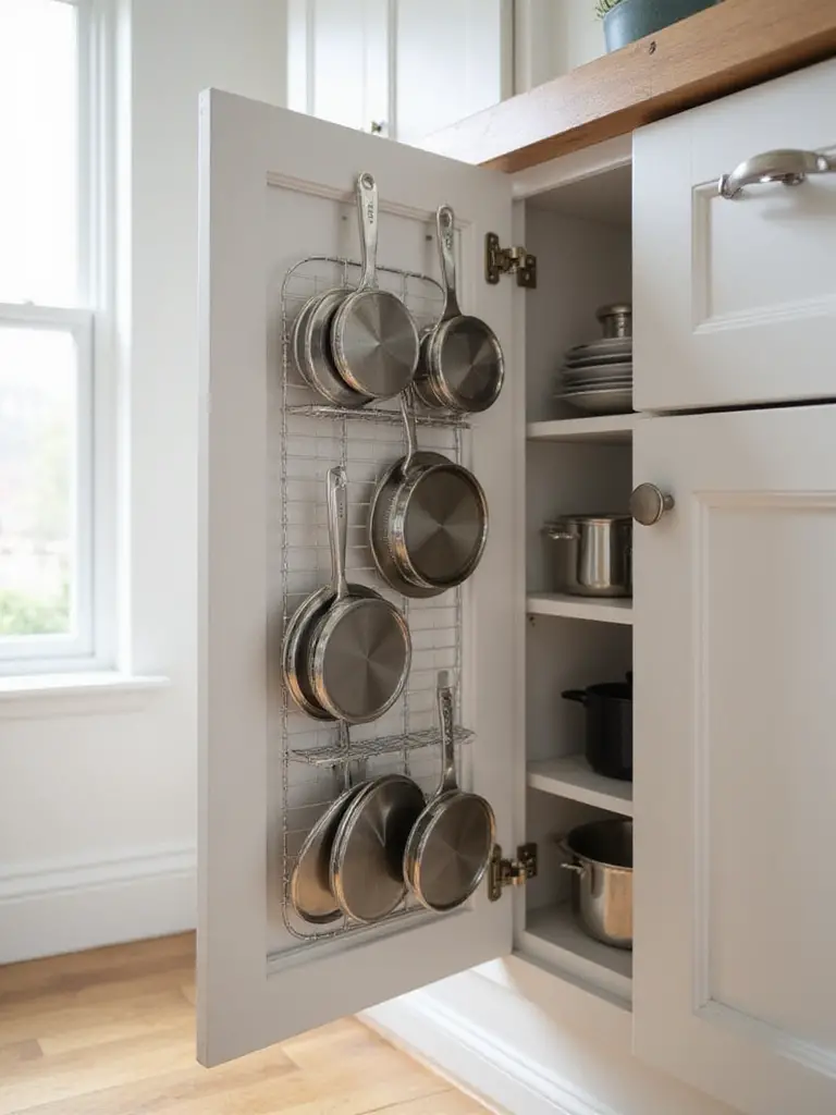 Open kitchen cabinet door with a metal wire pot lid holder mounted on the inside, organizing various pot lids vertically and creating more space on the internal shelves.