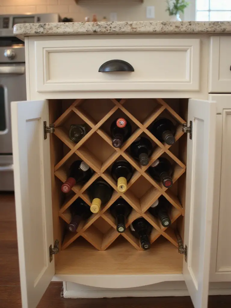 Wooden wine rack insert installed inside an open kitchen base cabinet, neatly storing multiple wine bottles horizontally.