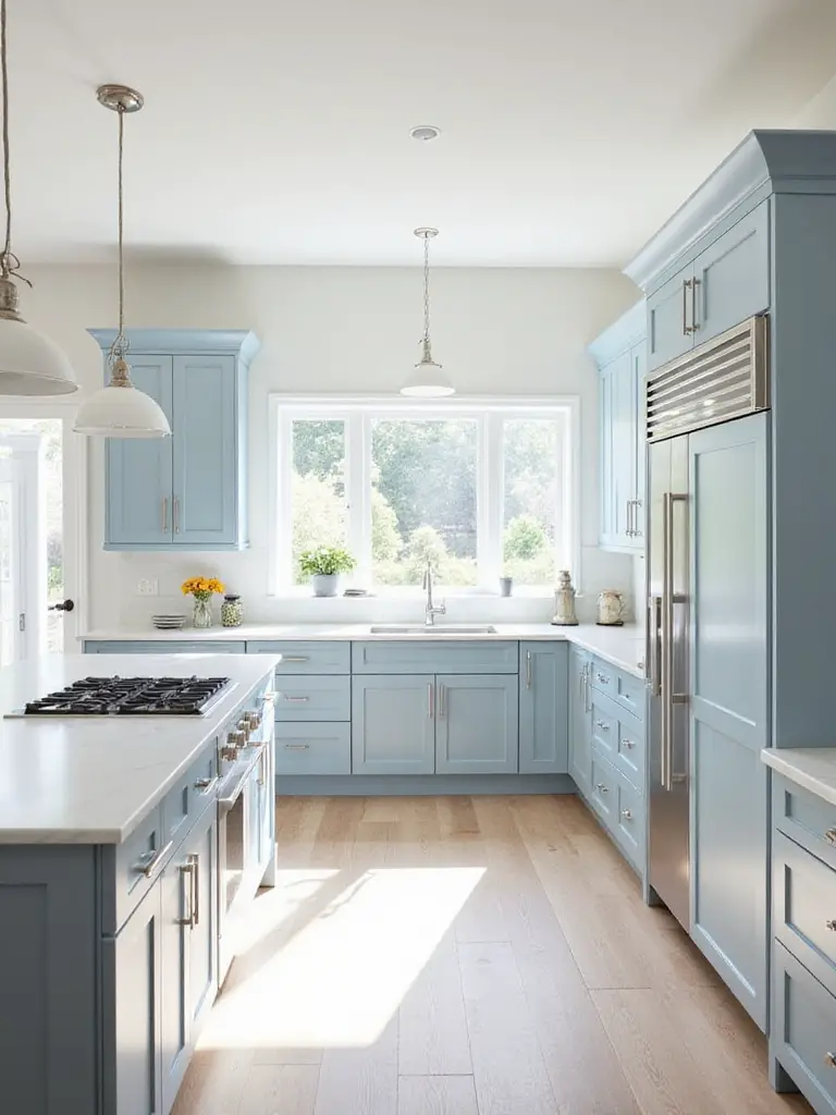 A calm kitchen featuring soft powder blue shaker cabinets, a white island, and natural light.