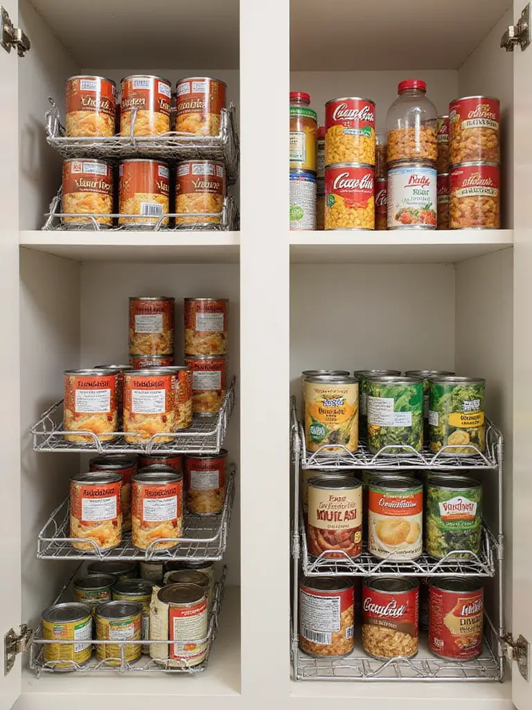 Interior of a kitchen pantry cabinet showing shelves organized with wire can dispensers and stackers holding various canned goods.