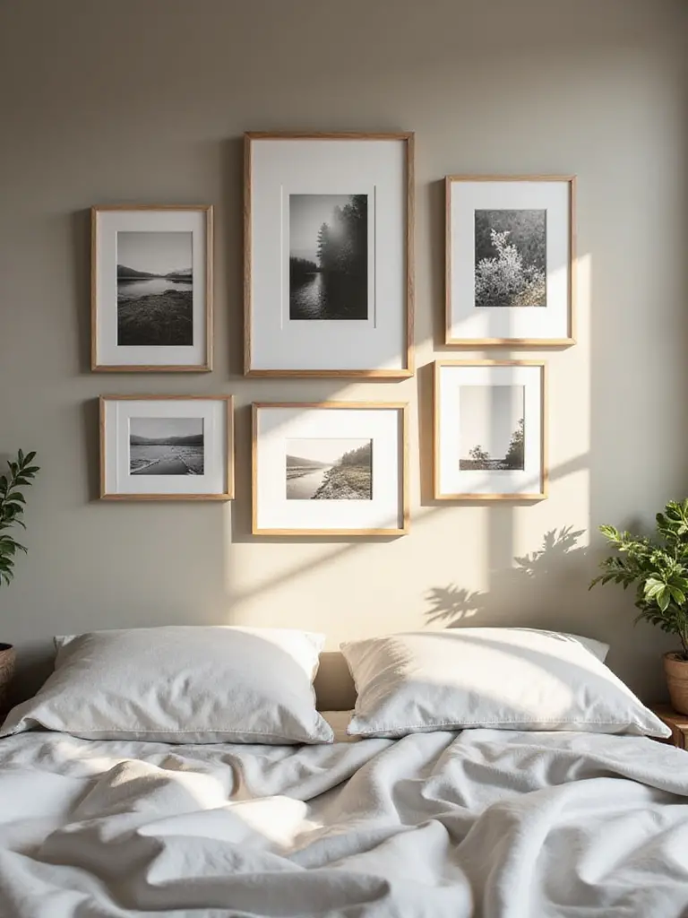 A bedroom wall decorated with a curated gallery of framed photography prints, featuring black and white nature landscapes and abstract images, illuminated by soft natural light.