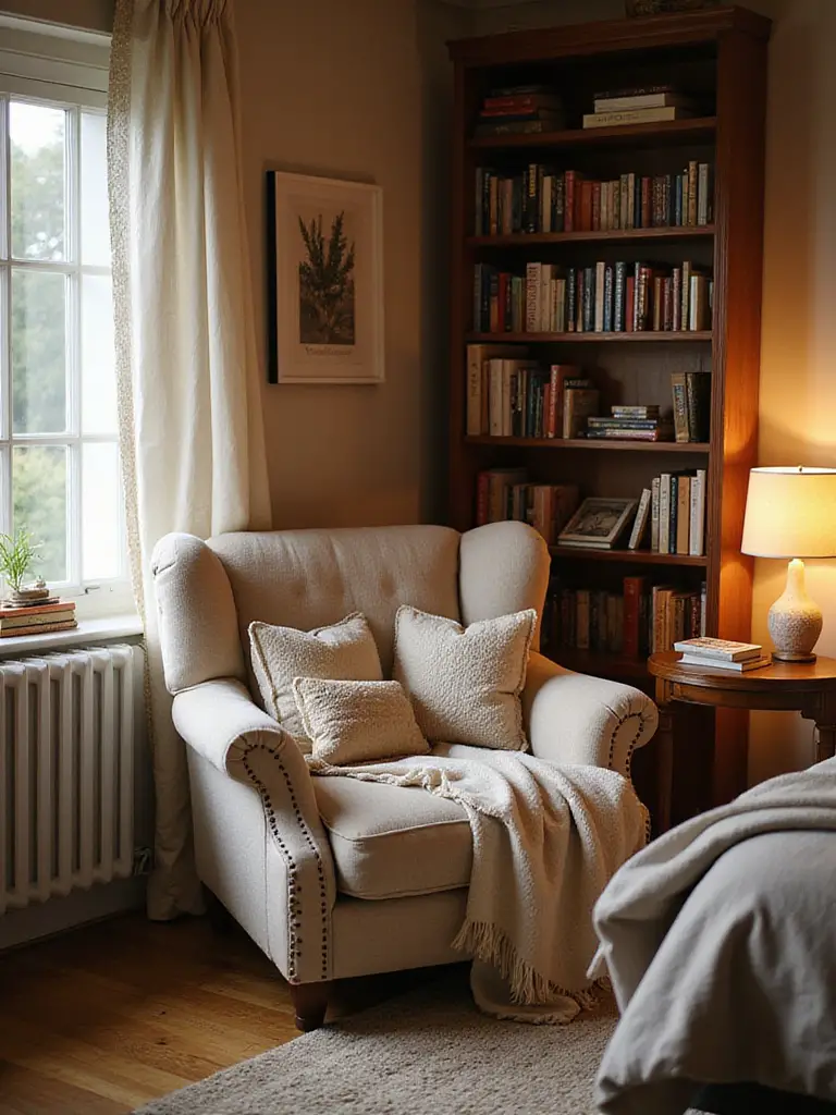 A cozy reading corner in a bedroom featuring a comfortable armchair, a side table with books and lamp, and a bookshelf, bathed in warm natural and artificial light.