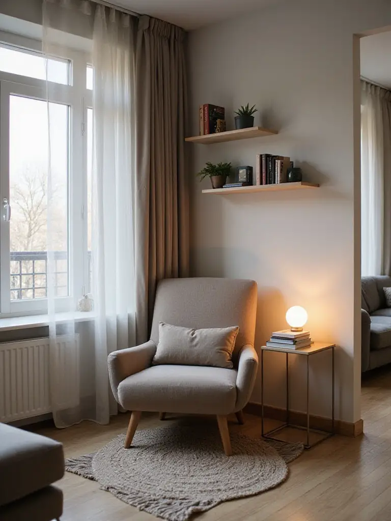 A cozy reading nook in an apartment living room featuring a comfortable armchair, floor lamp, side table with books, and floating shelves, positioned beside a window.