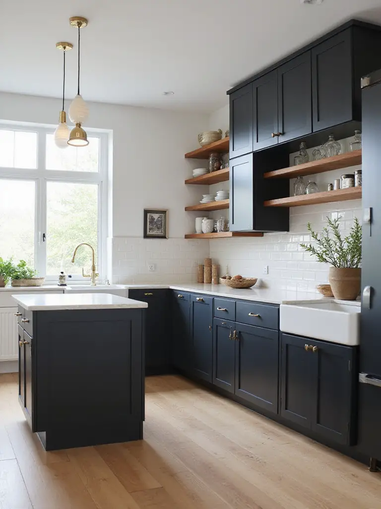 A modern kitchen featuring sleek matte black cabinets, a white quartz island, light subway tile backsplash, warm wood open shelves, and brass hardware. The room is bright with natural light.