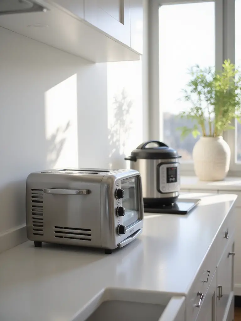 Compact and multi-functional kitchen appliances like a toaster oven and induction cooktop on a clean counter in a small, modern kitchen.