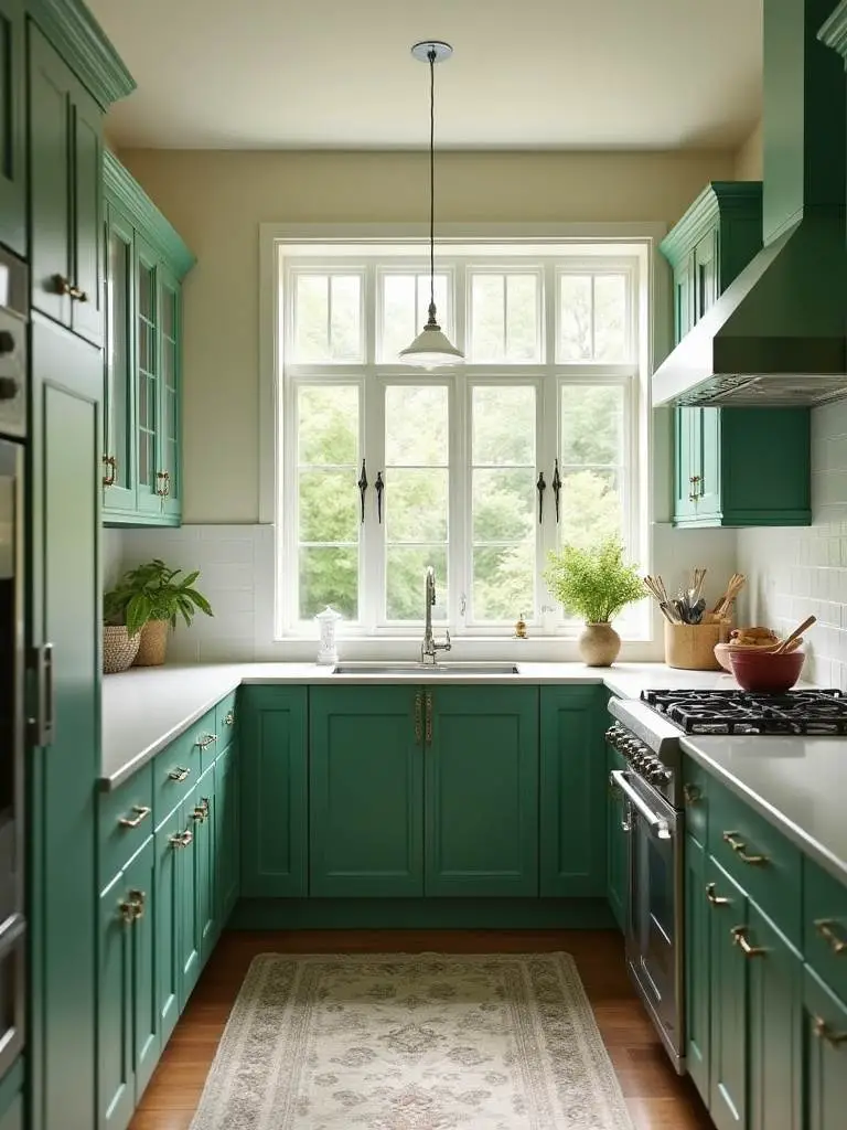 A well-lit kitchen with green cabinets showcasing the perfect shade matching the natural light.