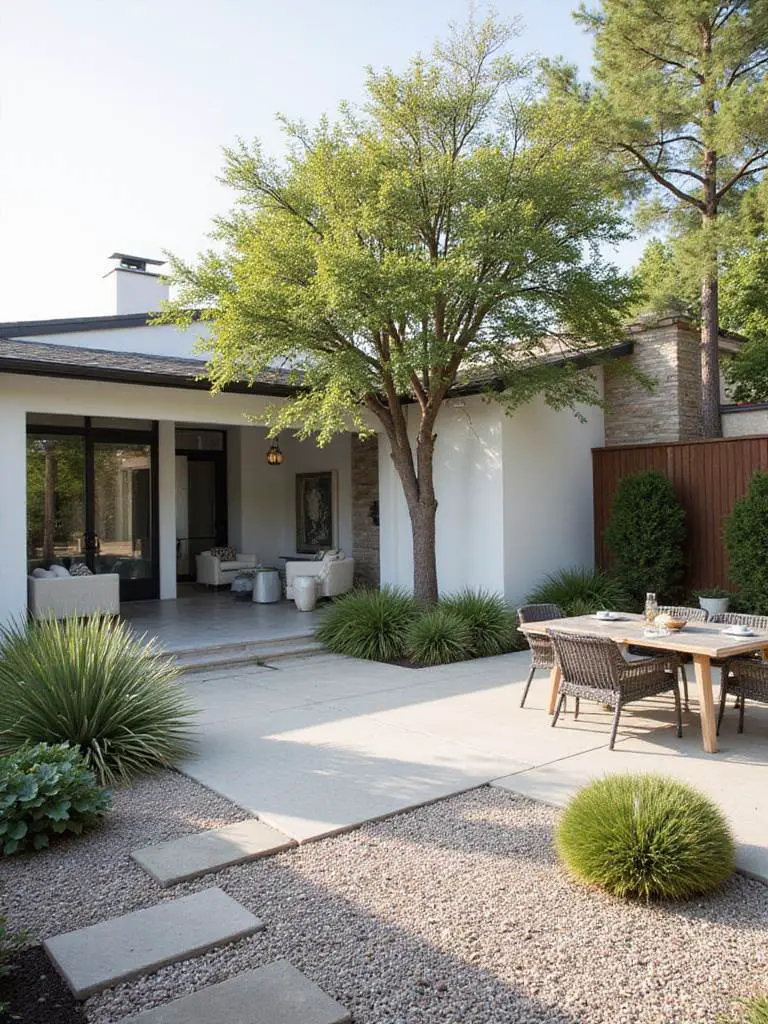 A modern backyard showcasing cohesive design elements, featuring clean lines and architectural plants.
