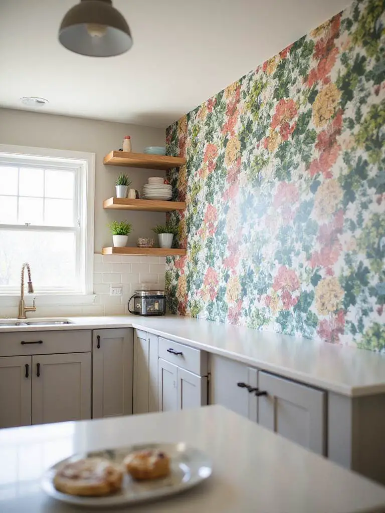 Modern kitchen with peel and stick wallpaper accent wall