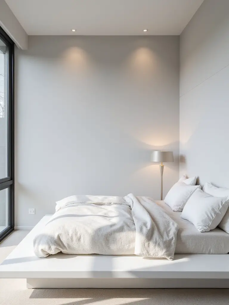 Minimalist bedroom with simple floor lamp and recessed lighting.
