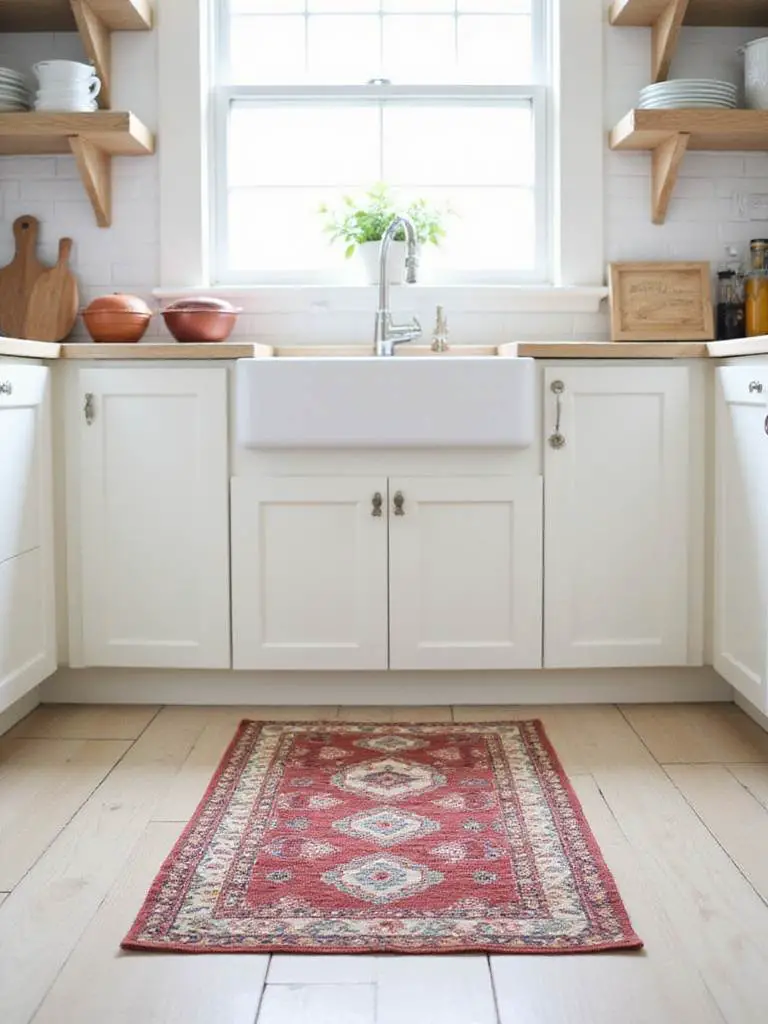 A colorful patterned runner rug placed on light tile flooring in front of a modern kitchen sink, adding warmth and style.