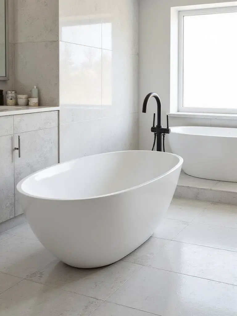 A luxurious modern bathroom with a white oval freestanding tub and a sleek matte black freestanding tub filler faucet rising from the floor. The room has light tile, a large window, and soft natural light, creating a serene atmosphere.