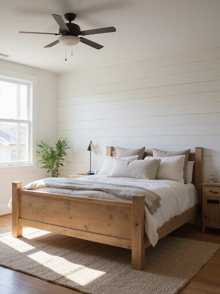 A cozy farmhouse bedroom featuring a sturdy, rustic wooden bed frame with layered neutral bedding under soft morning light.
