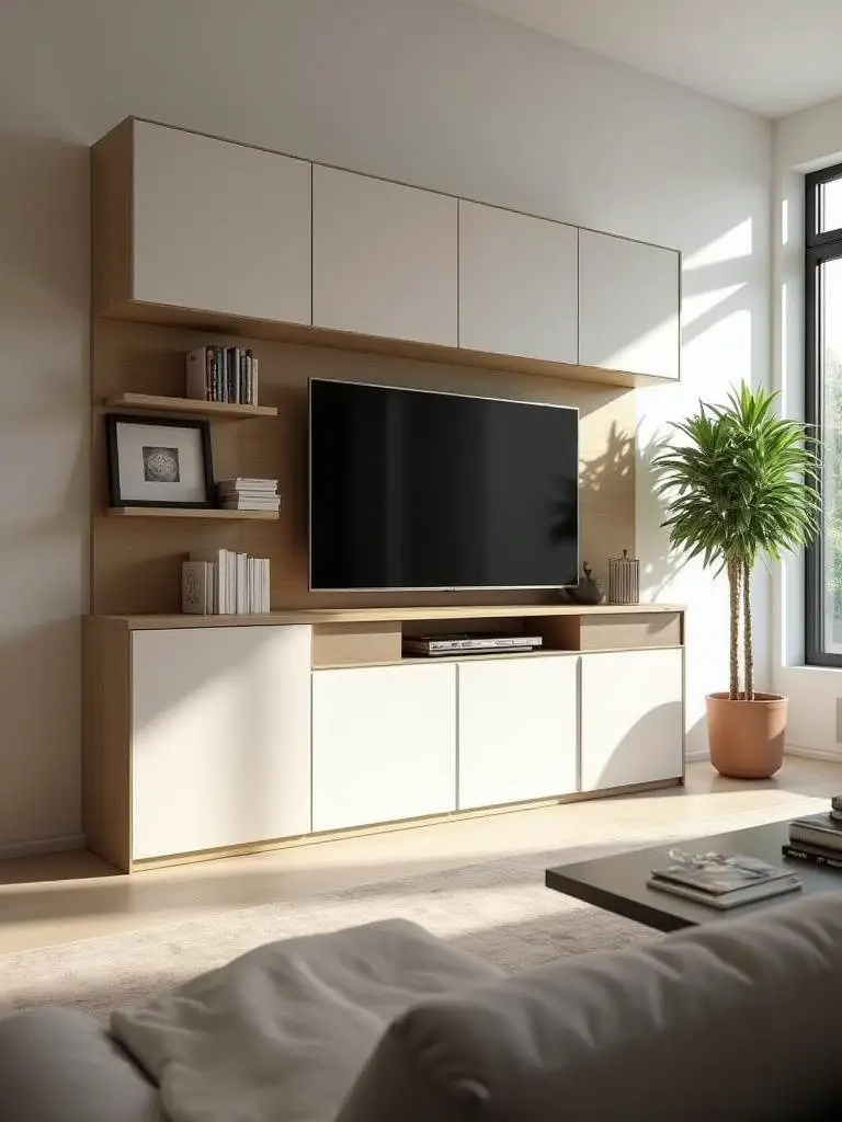 Modern living room with sleek entertainment center, storage cabinets, open shelves displaying decor, and mounted TV.