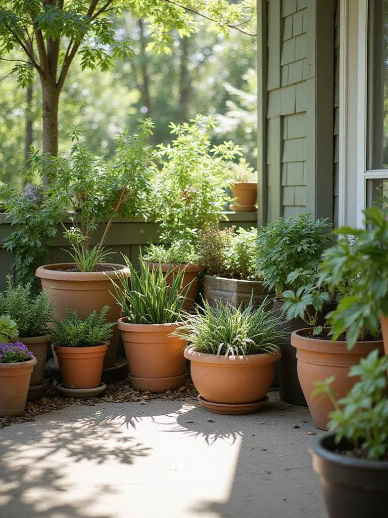 A patio corner featuring various potted plants in different sized containers, including terracotta, plastic, and wood pots, some elevated for drainage. The scene illustrates the importance of choosing the right container size and ensuring proper drainage for patio gardening.