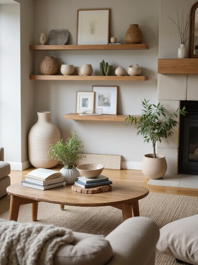 Styled coffee table and shelves in a cozy living room featuring books, art, plants, and decorative objects, showcasing personalized accessories.
