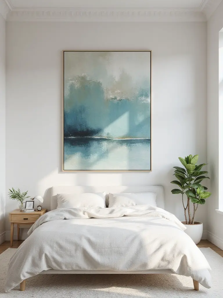 A large abstract painting with calm blue and green tones hangs above a modern bed with neutral bedding in a serene bedroom.
