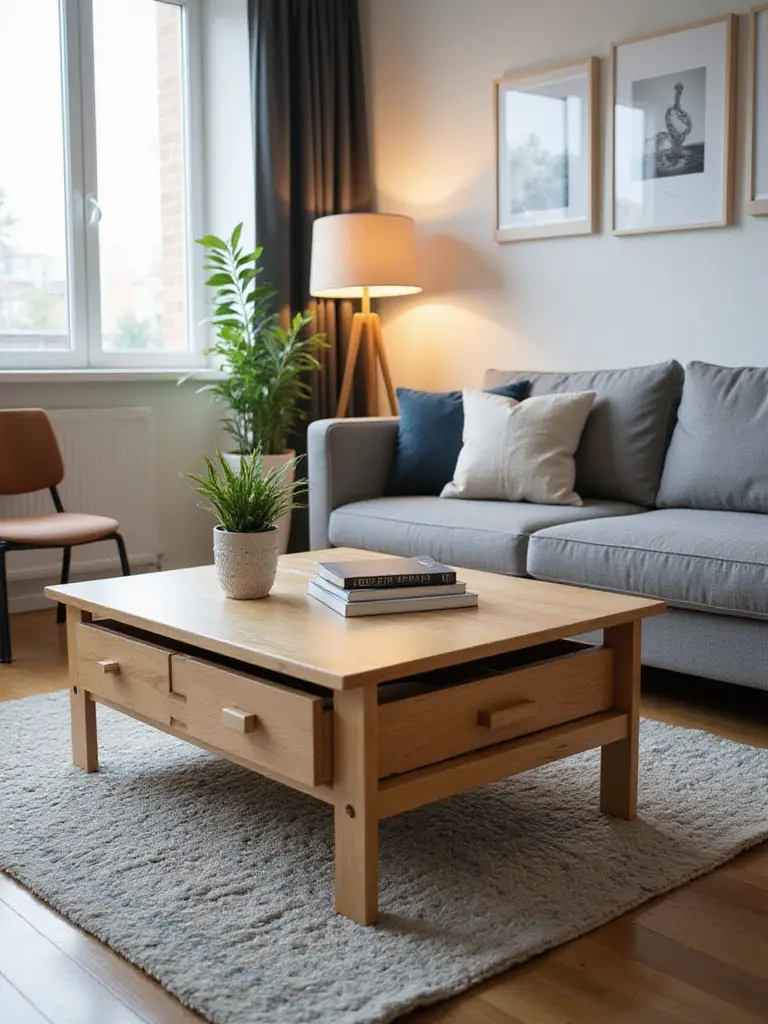 Stylish light oak lift-top coffee table with hidden storage in a modern apartment living room.