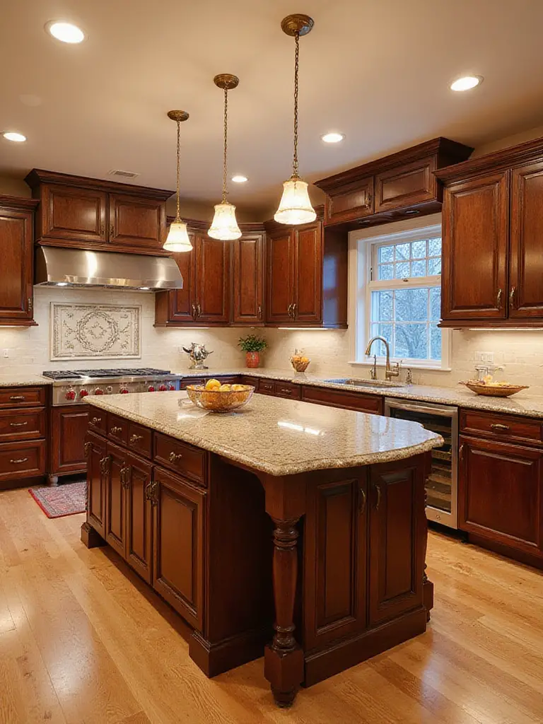 Traditional kitchen featuring rich dark cherry wood cabinets with light granite countertops and a subway tile backsplash.