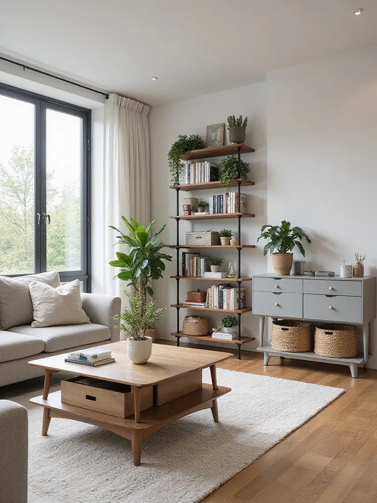 A well-organized apartment living room featuring clever storage solutions, including a tall bookshelf, storage coffee table, and decorative baskets, creating a clutter-free and stylish space.