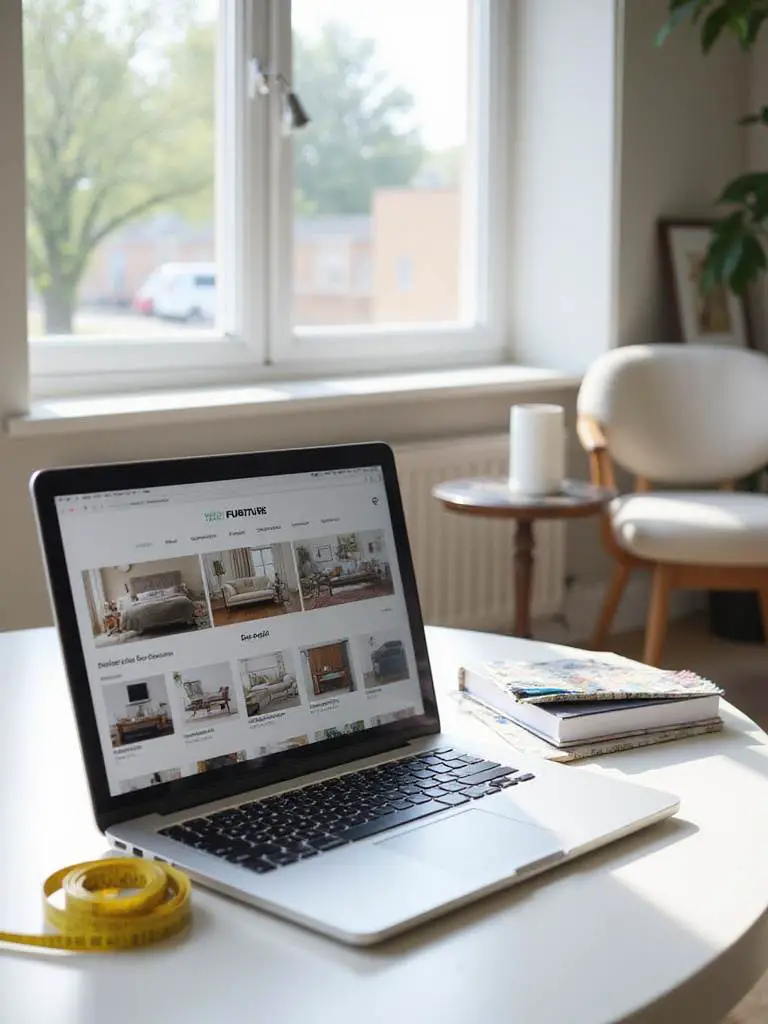Comparing online furniture websites on a laptop screen with viewing physical furniture in a showroom setting.