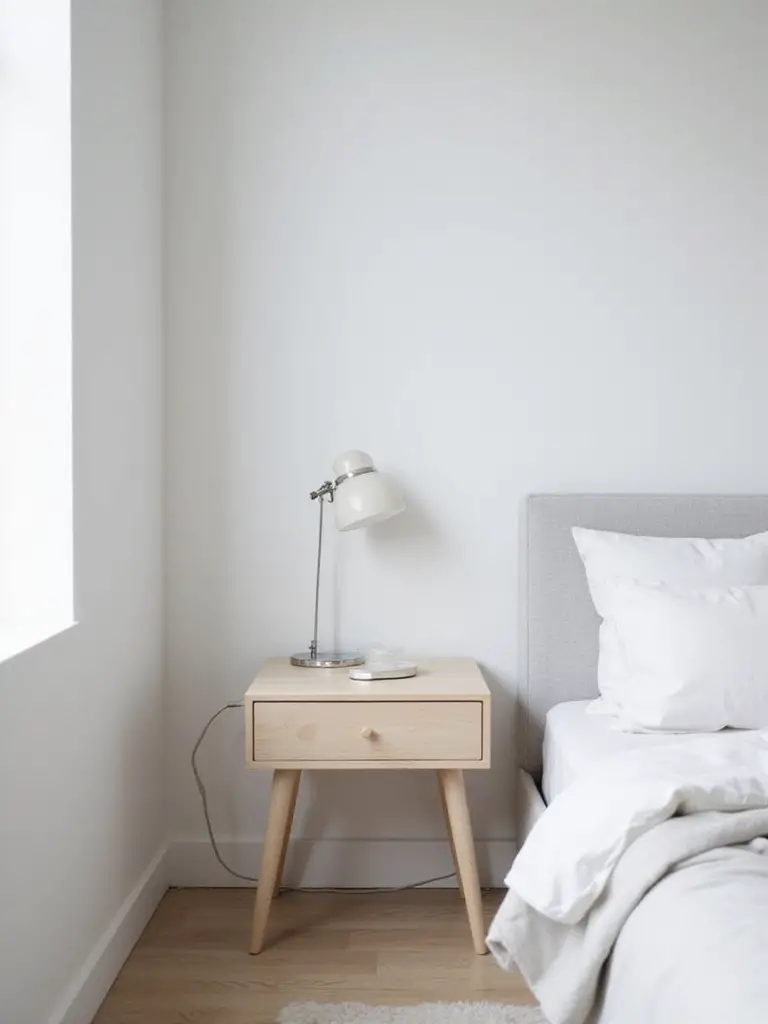 Minimalist bedroom with white cord cover concealing electrical cord behind nightstand