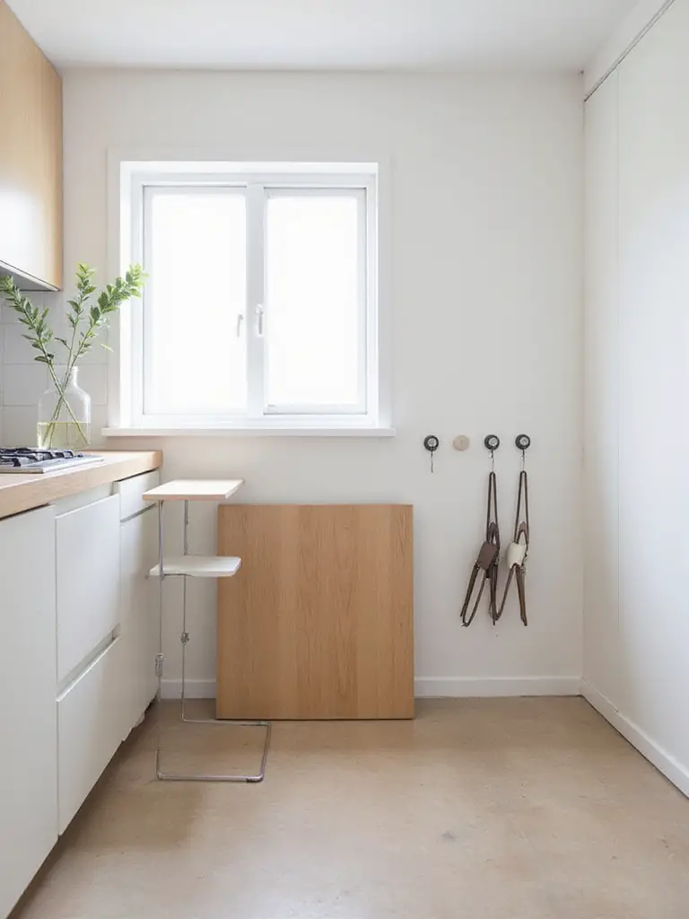 A small, modern kitchen showing a wall-mounted drop-leaf table folded up and foldable chairs hanging on hooks, illustrating space-saving decor ideas.