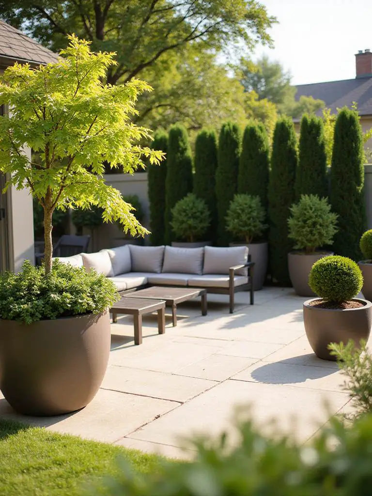 Stylish patio featuring large containers with small trees and shrubs like a Japanese maple and boxwood, adding structure and greenery.
