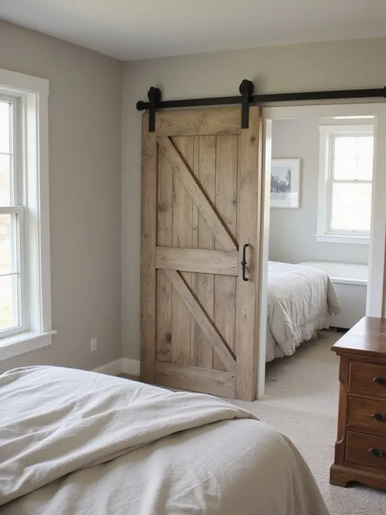 Sliding distressed wood barn door in a cozy farmhouse bedroom, used for a closet or bathroom.