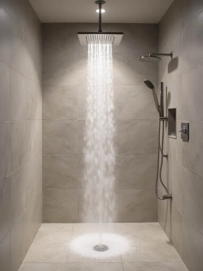 Luxurious bathroom shower with a wide, cascading waterfall shower head and natural stone tiles.