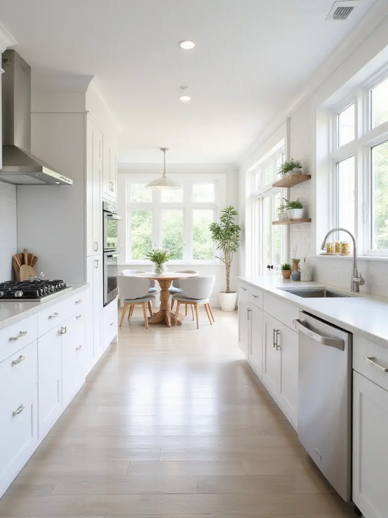 A bright, modern kitchen featuring light gray cabinets and white countertops, designed for broad appeal and resale value.