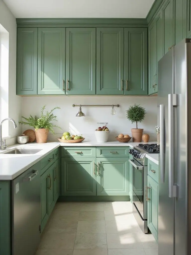 A stylish kitchen showcasing green cabinets with a harmonious wall paint color.