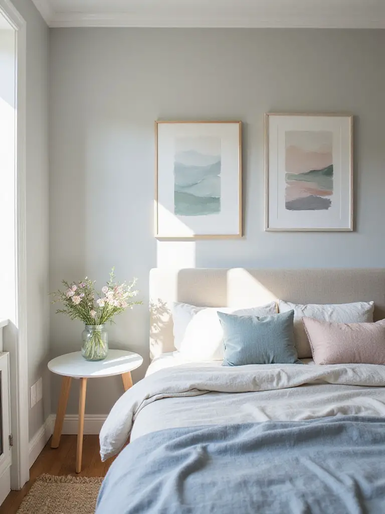 Bedroom with wall art coordinating with the room's blue and gray color scheme.