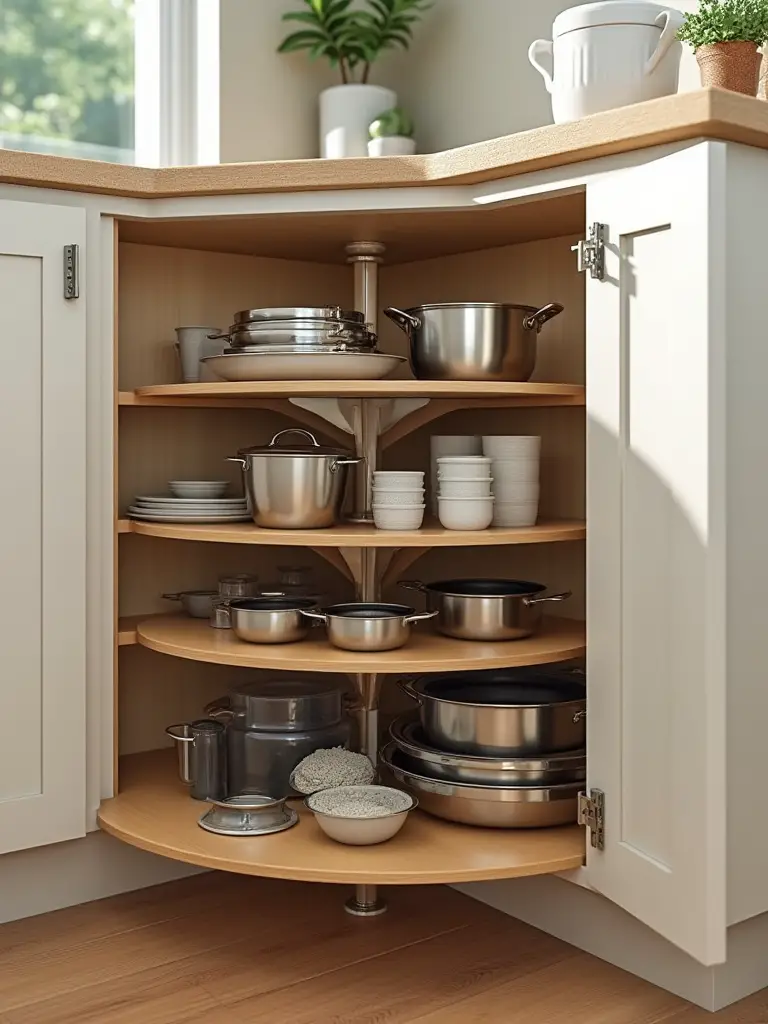 Multi-tiered pie-cut lazy susan organizer inside an open kitchen corner cabinet, holding pots, pans, mixing bowls, and other kitchen items.