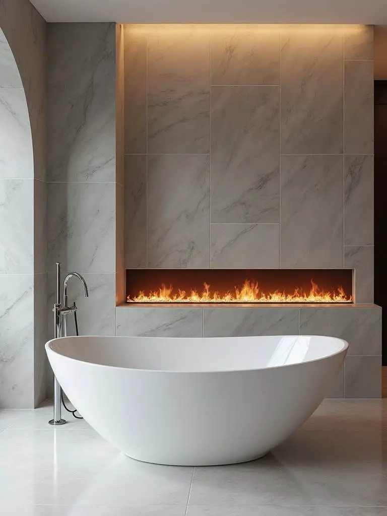 Luxurious spa-like bathroom featuring a modern electric fireplace integrated into a marble wall, casting a warm glow on a freestanding soaking tub. Dream bathroom design idea.