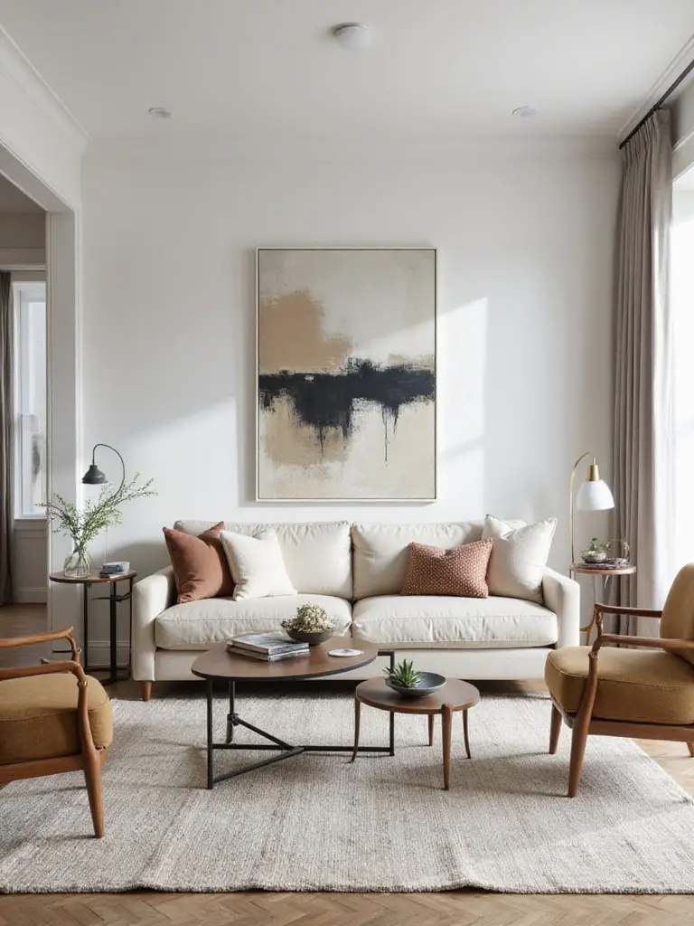 A modern living room interior showcasing excellent scale and proportion. A large sofa, coffee table, rug, and art are all appropriately sized for the room, creating a balanced and harmonious design.
