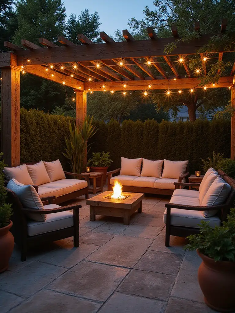 Cozy outdoor conversation nook on a stone patio with comfortable furniture, fire pit, and string lights.
